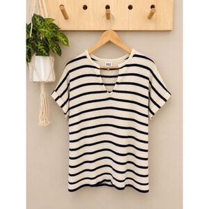 BKE Womens Striped Knit Top Navy Cream Notched V-Neck Short Sleeve Sweater S